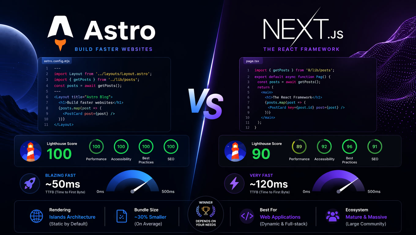 Astro vs Next.js in 2026 — Real Benchmarks from Projects We Built with Both